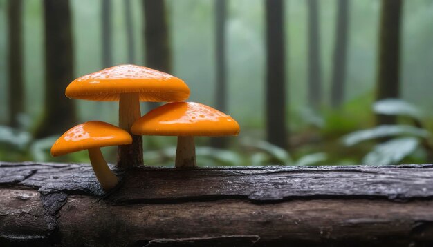 Cookeina tricholoma o Phylum Ascomycota con gotas en una madera muerta en la selva tropical silvestre setas naranja naturaleza verde fondo borroso