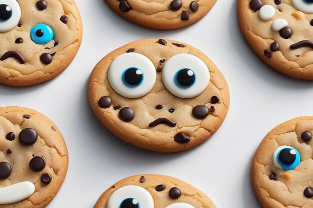 Cookie de desenho animado com um rosto e olhos em um fundo branco