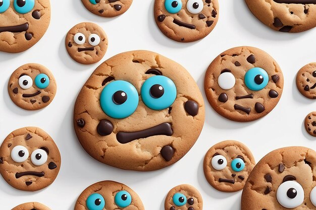 Cookie de desenho animado com um rosto e olhos em um fundo branco