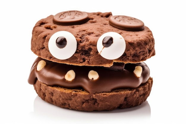 Cookie de sanduíche de chocolate em estilo cartoon em branco AI gerado