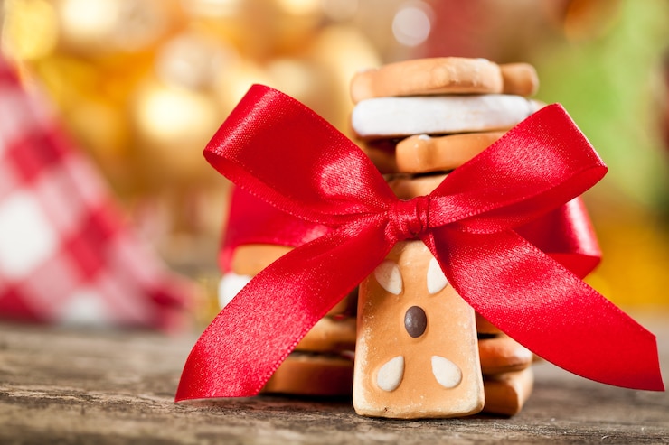 Foto cookies com laço vermelho em contraste com as luzes de natal