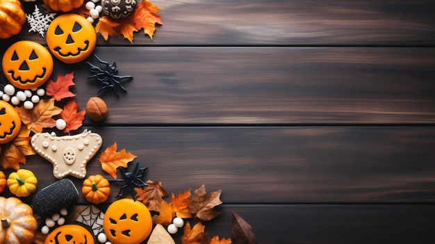 Cookies de abóbora de Halloween com anis e folhas de outono ficam à esquerda em uma mesa de madeira castanha escura com espaço de cópia para texto na direita.