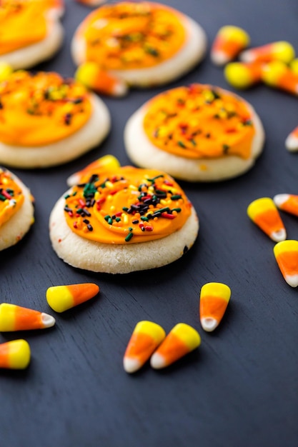 Cookies de açúcar de Halloween com cobertura de laranjas e granulado por cima.
