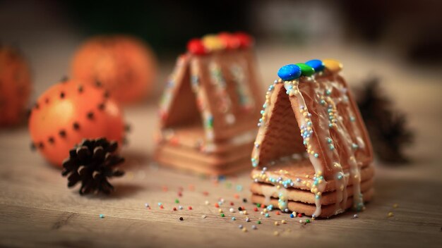 Cookies de imagem de fundo de cozinha de Natal e laranjas no