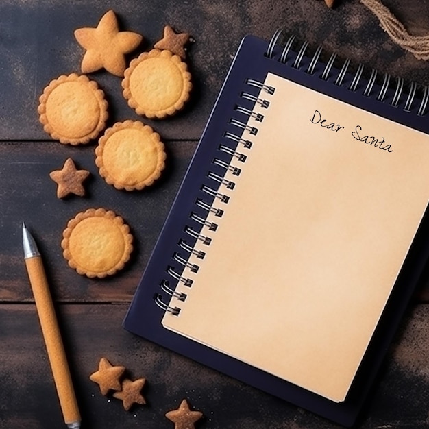 Cookies e caderno em fundo de madeira Vista superior com espaço de cópia