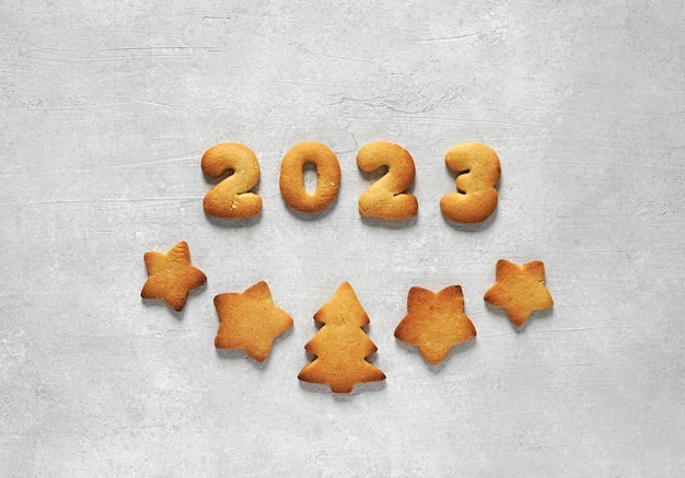 Cookies en forma de números 2023 en el centro sobre el fondo concreto Concepto vista superior de año nuevo