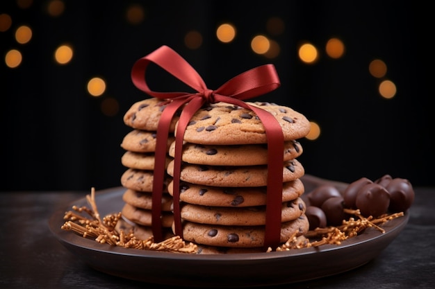 Cookies gourmet apresentados em uma vista frontal com um elegante laço de fita escura