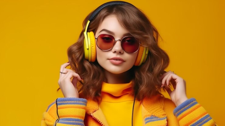 cool adolescente moda dj chica en vestido colorido