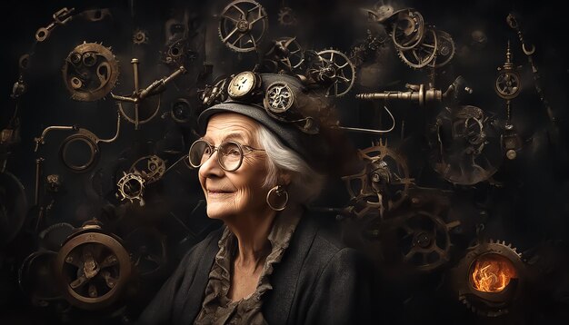 Foto cool alte frau eine alte frau im steampunk-stil fröhliche dame unter den mechanismen