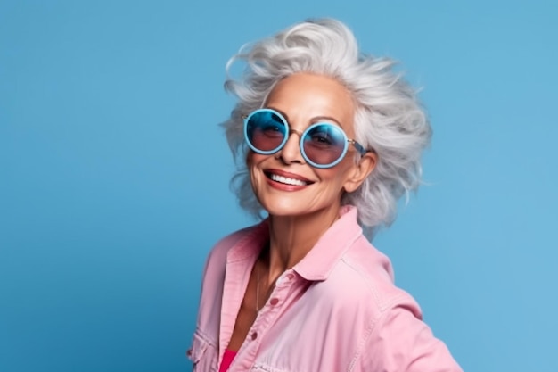 Cool anciana con divertidas gafas de sol verdes posando ante la cámara con las manos cruzadas Use sudadera con capucha rosa Elegante m