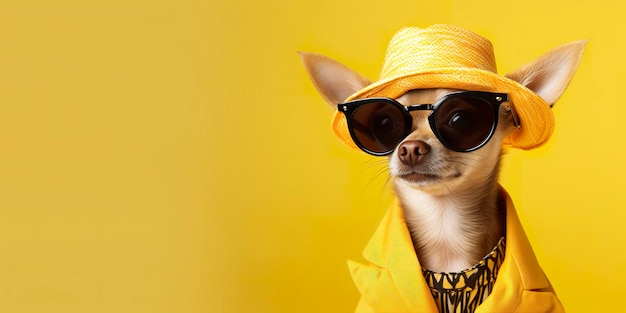 Cool aussehender Chihuahua-Hund in ausgefallenem Modekleid, Platz für Text auf der rechten Seite. Generative KI