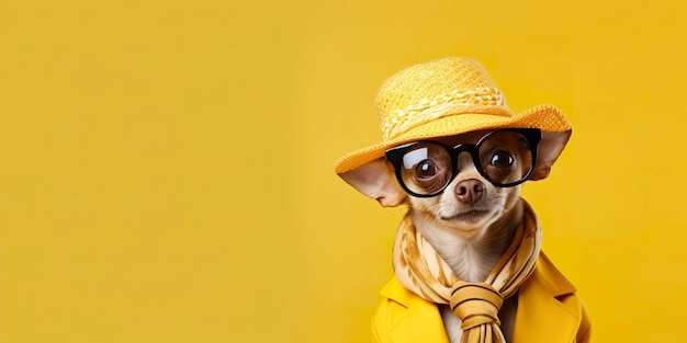 Cool aussehender Chihuahua-Hund in flippigem Modekleid, Platz für Text auf der rechten Seite