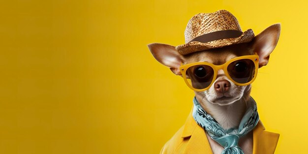 Cool aussehender Chihuahua-Hund in flippigem Modekleid, Platz für Text auf der rechten Seite