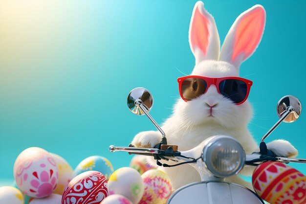 Cool Bunny mit Brille fährt auf einem Motorrad mit bemalten Eiern auf blauem Hintergrund