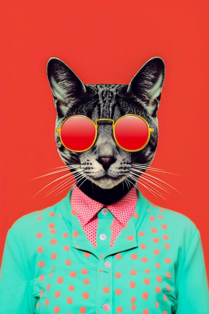 Cool Cat Revival Gato antropomórfico en colores Pop Art Ilustración vintage IA generativa