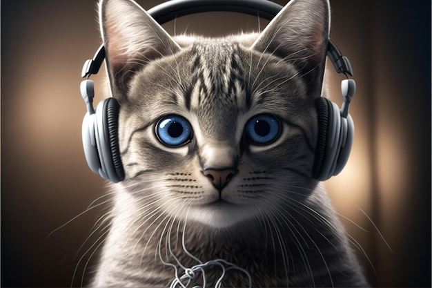 Cool cat usando auriculares para escuchar música Generative Ai