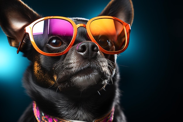 Cool Chihuahua-Hund mit Sonnenbrille und Kragen auf schwarzem Hintergrund