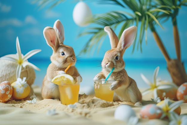 Cool conejitos de Pascua de vacaciones en la playa con un cóctel conejito de Pascua en la palma