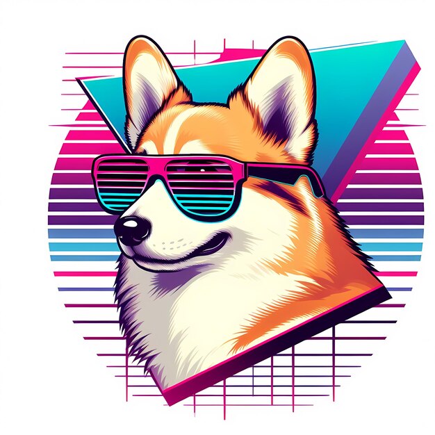 Cool Corgi Dog con gafas de sol en el estilo retro pop art