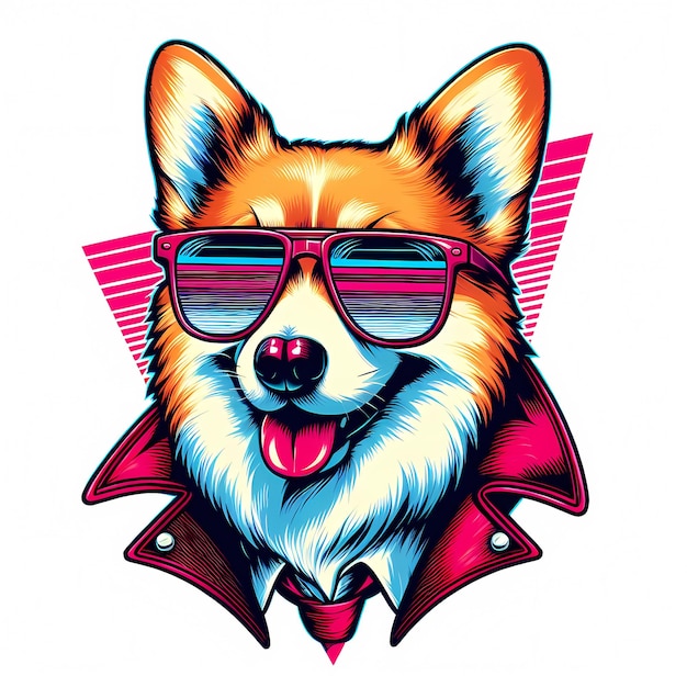 Cool Corgi con gafas de sol con un ambiente retro de los años 80