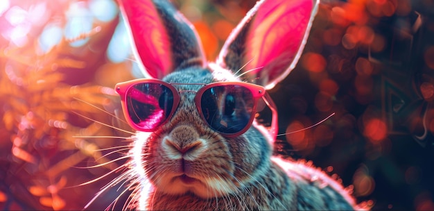 Cool dj conejo con gafas de sol en coloridas luces de neón divertido diseño de Pascua