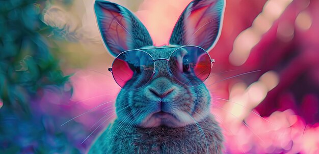 Cool dj conejo con gafas de sol en coloridas luces de neón divertido diseño de Pascua