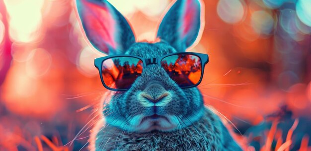 Cool dj conejo con gafas de sol en coloridas luces de neón divertido diseño de Pascua