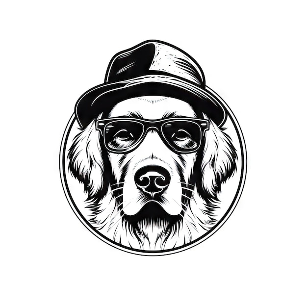 Cool Dog Anteojos Aislados Divertido Golden Retriever Moda Inteligente Perros Retrato Silueta Negra Icono Hipster Perros Camiseta Impresión AI Ilustración Generativa