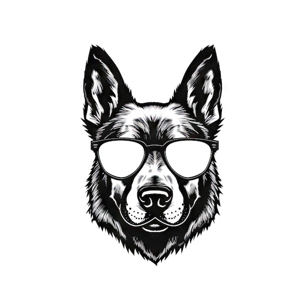 Cool Dog Anteojos Aislados Gracioso Pastor Alemán Moda Inteligente Perros Retrato Silueta Negra Icono Hipster Perros Camiseta Impresión AI Ilustración Generativa