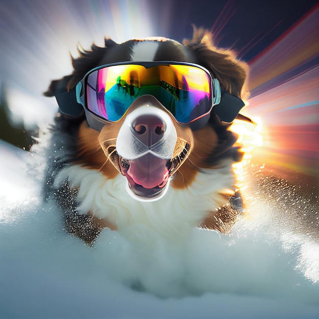 Cool Dog em óculos de esqui anda de snowboard Ilustração Generative AI