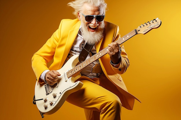 cool feliz positivo velho homem dança segurar guitarra isolado em fundo de cor amarela