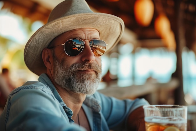 Cool fit und fabelhafter Mann am Strand genießt einen Drink