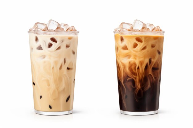 Cool Ice Caramel Latte und Black Americano Coffee Erfrischende Getränke auf einem weißen Rücken