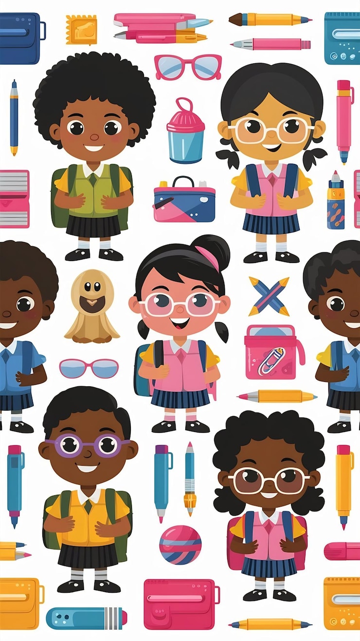 Foto cool juego de papelería de la escuela compañeros de clase afroamericanos personajes infantiles estilo de dibujos animados