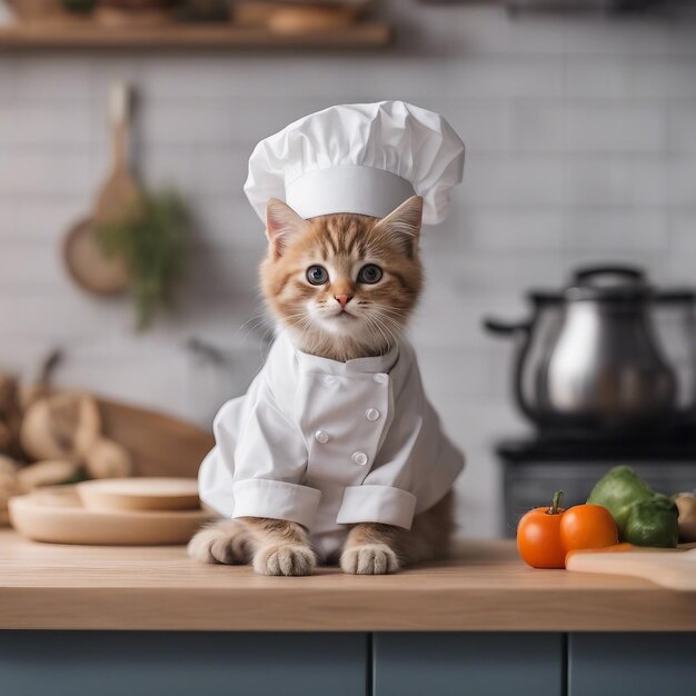 Foto cool kätzchen mit kochhut und uniform wartet an der küchenplatte gemütlicher küchenhintergrund