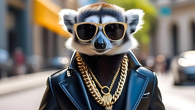 Cool Lemur Charakter in Sonnenbrille goldene Ketten Wild Dschungel Tier Porträt