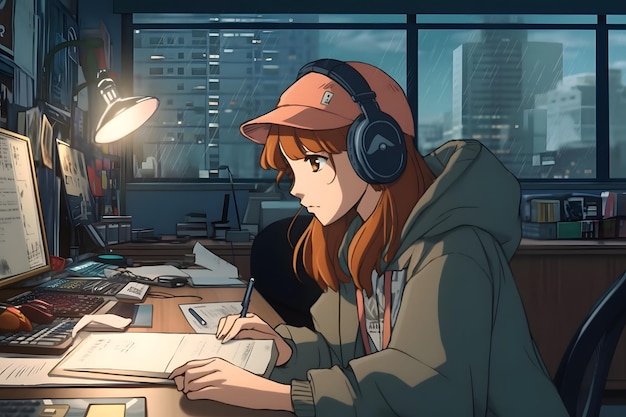 Cool Lofi Girl estudando em sua mesa Chuvosa ou nublada do lado de fora lindo papel de parede frio e atmosférico 4K streaming de fundo estilo lofi hiphop estilo anime mangá Generative ai