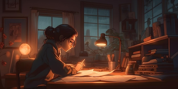 Cool Lofi Girl estudiando en su escritorio Lluvia o nublado afuera hermoso fondo de pantalla atmosférico frío Fondo de transmisión 4K estilo lofi hiphop Estilo anime manga Generativo ai