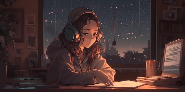 Cool Lofi Girl estudiando en su escritorio Lluvia o nublado afuera hermoso fondo de pantalla atmosférico frío Fondo de transmisión 4K estilo lofi hiphop Estilo anime manga Generativo ai