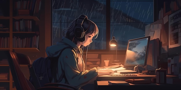 Cool Lofi Girl estudiando en su escritorio Lluvia o nublado afuera hermoso fondo de pantalla atmosférico frío Fondo de transmisión 4K estilo lofi hiphop Estilo anime manga Generativo ai