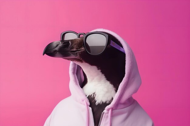 Foto cool magpie vogel mit brille und einem rosa hoodie