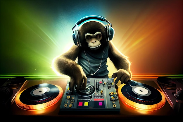 Foto cool monkey dj trabaja en la consola de dj generada por la ia