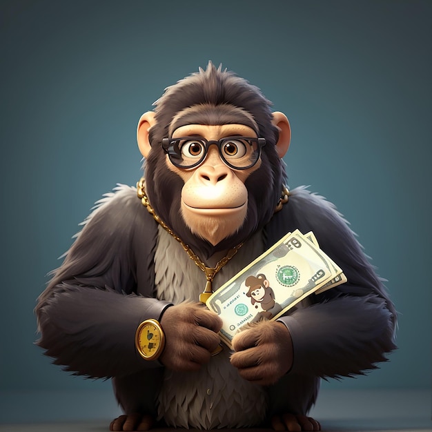 Cool Monkey Holding Money Bag Icon de dibujos animados vectorial Ilustración Icon de finanzas de animales Concepto aislado Estilo de dibuyos animados plano vectorial premium