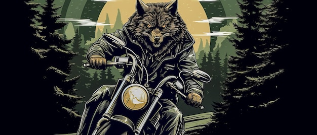 Cool motociclista lobo montando motocicleta Hard rock ilustración de personaje de fantasía oscura