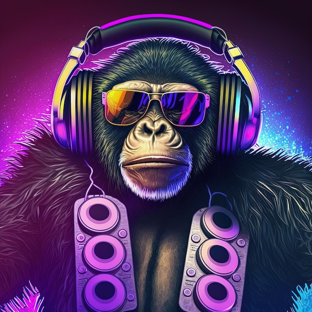 Cool neon party dj monkey con auriculares y gafas de sol IA generativa No se basa en ninguna escena real