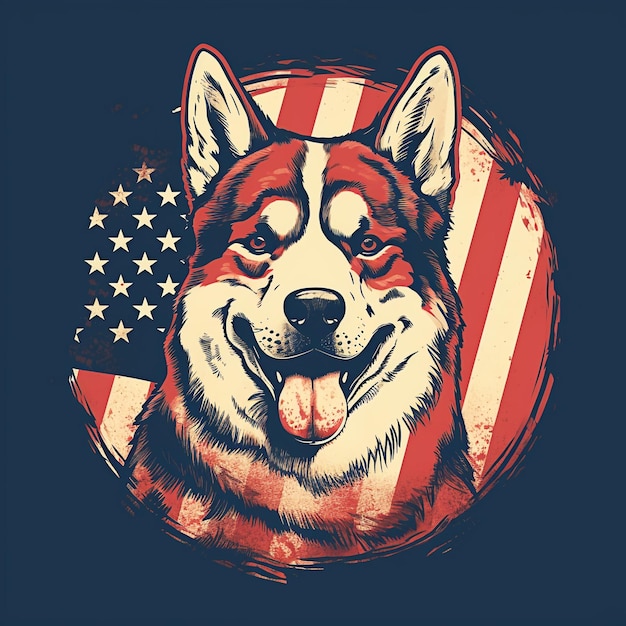 Foto cool perro akita con bandera de los estados unidos