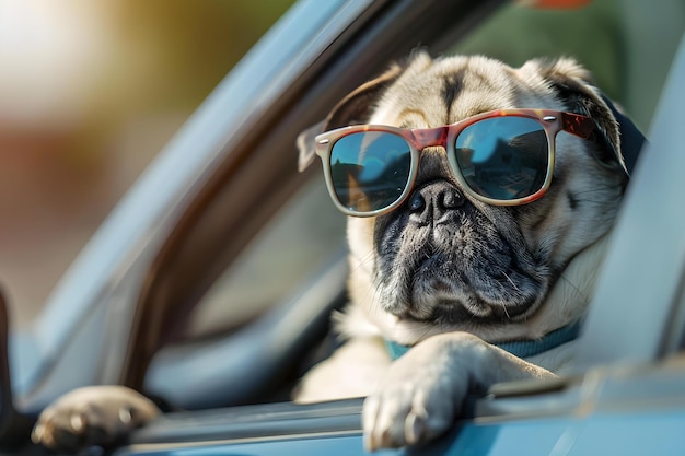 Cool pug em óculos de sol esfriando em um carro de moda ícone de estilo absoluto Conceito Pug Sessão Fotográfica Óculos de sol estilo Ícone de estilo de carro de moda