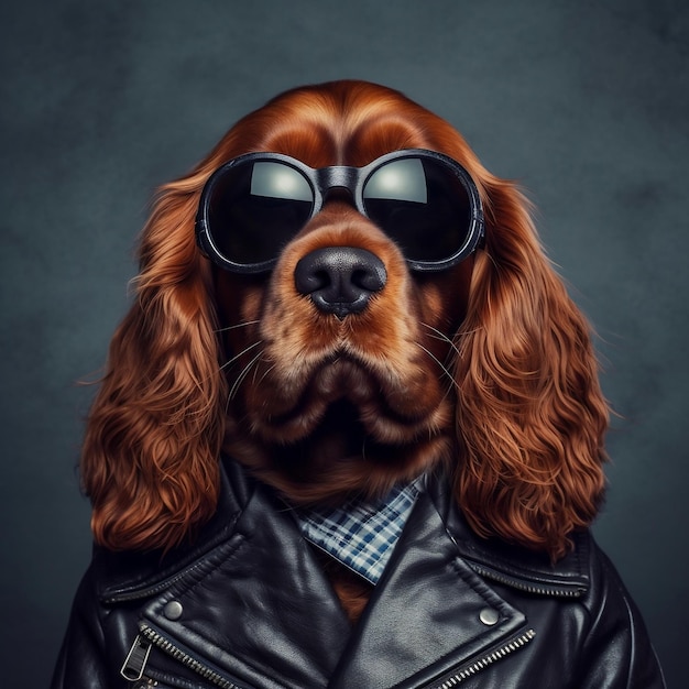 Cool Spaniel en chaqueta de cuero y gafas de sol IA generativa