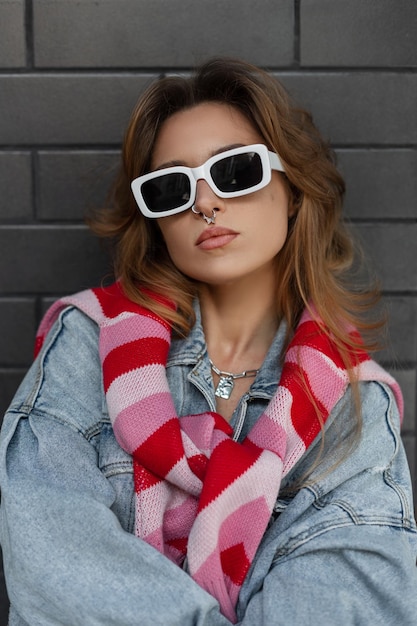 Cool urban hermosa joven modelo de mujer hipster con cabello rojo y gafas de sol blancas de moda con jeans elegantes con una chaqueta y una sudadera rosa de pie cerca de una pared de ladrillo negro Estilo casual femenino