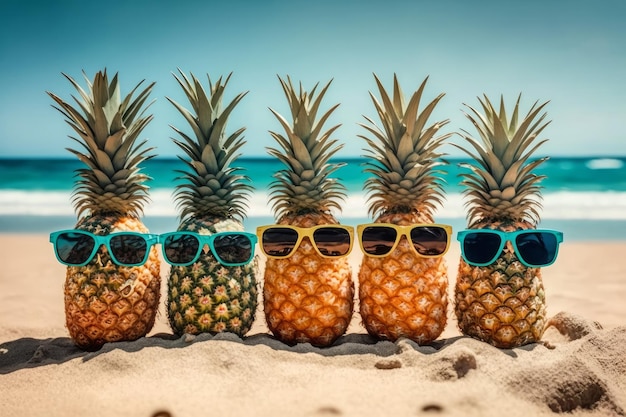 Cool verano piña con gafas de sol en una playa tropical vacaciones generativo ai